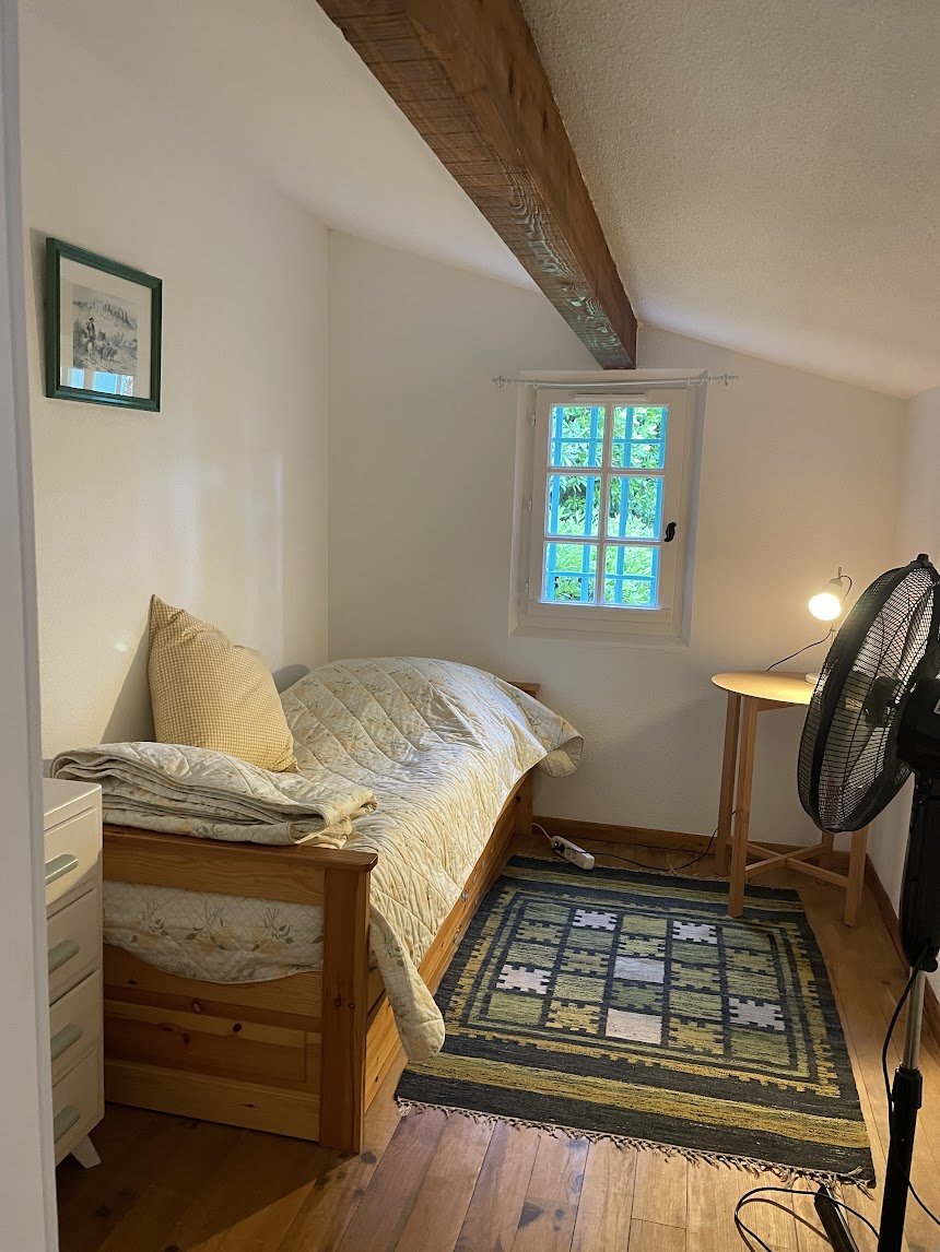 The mezzanine — single bed, exposed beam, small window onto the trees